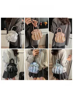 Multiple views showing pleated motorcycle bags in silver, gold, pink, black, and blue tones