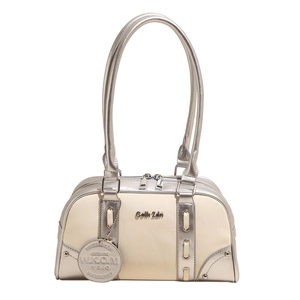 Chic two-tone Boston bag in cream and metallic silver with a sleek top handle for women