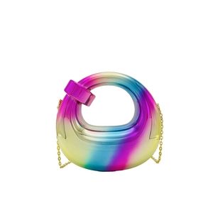Rainbow gradient acrylic round handbag with gold chain strap and purple geometric top