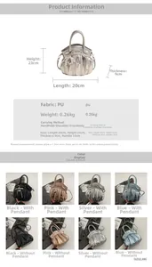 Detailed view of glossy pleated PU handbag showing dimensions and four metallic color options