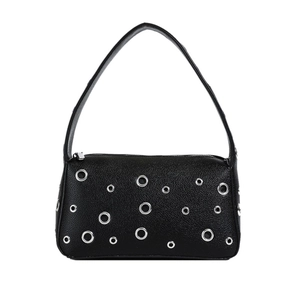 Chic black pebble leather underarm bag with silver eyelet studs and metal zipper