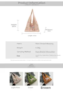 Detailed size chart for handmade knitted butterfly tote bag showing dimensions and materials