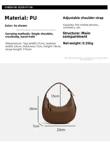 Detailansicht der braunen PU-Leder-Halbmondtasche mit Maßen 23x7x18cm und Riemen