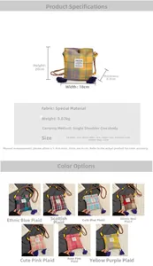 Detailed size specifications for a checkered canvas crossbody bag with purple fringe