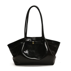 Chic black patent leather tote bag with gold buckle and spacious pleated design for daily use