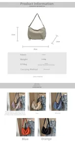 Detailed view of spacious fabric crossbody bag dimensions and available color options