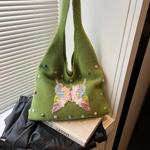 Sac Cabas En Tricot Pour Femmes Sac À Main Crochet Avec Applique Papillon 3D Et Künstliche Perles Colorées Style Fait Main