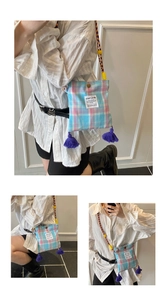 Collage of checkered crossbody phone bag with purple tassels and woven shoulder strap