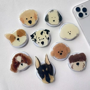 Detail view of nine various cute cartoon dog acrylic pop-up sockets for mobile phones