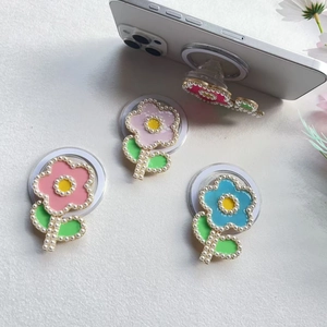 Floral pearl magnetic expanding cell phone grip stand with colorful petal designs