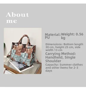 Detail view of large retro patchwork tote bag with 30x25x13cm size specifications