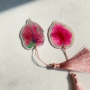 Detail of acrylic leaf bookmarks with elegant pink silk tassels on a white background