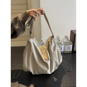 Large Capacity Crinkled Nylon Hobo Shoulder Bag With Adjustable Wide Strap Drawstring Detail Casual Crossbody Tote For Women