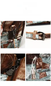 Close-up of gunmetal hardware, adjustable strap buckles and metal zipper on denim tote