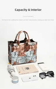 Flat lay of retro patchwork tote bag with denim patterns showing large storage capacity