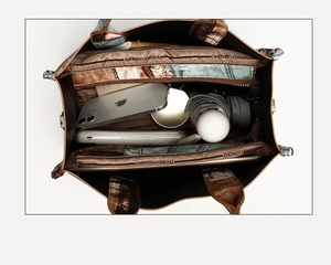 Internal view of a spacious tote bag showing compartments and daily essentials