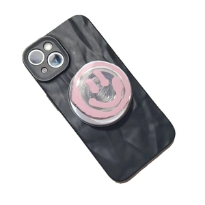 Black crinkle texture phone case with pink hand-drawn smiley face pop socket stand