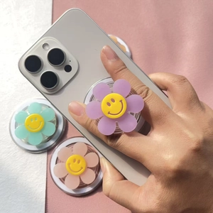 Flower smiley magnetic telescopic phone grip in purple, green and pink pastel colors