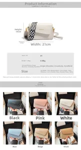 Detailed size chart and multi-color PU leather square bags with geometric woven straps