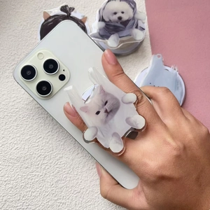 Acrylic magnetic cat phone grip holder with glossy finish on a white smartphone