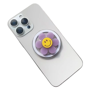 Purple flower smile magnetic grip socket holder on white smartphone with expanding design