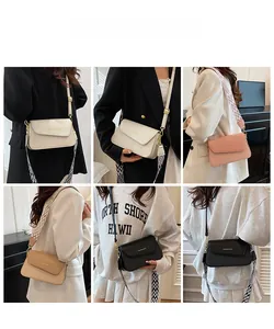 Collage of chic square bags with geometric straps styled on various outfits