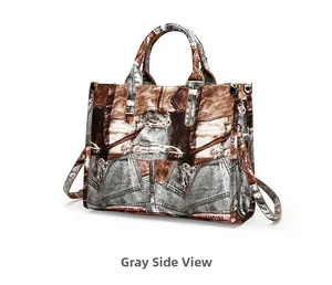 Detail view of retro patchwork tote bag in grey with denim print texture and handle
