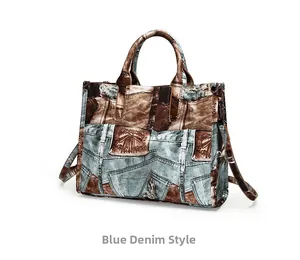 Side view of large retro denim patchwork tote bag with brown leather trim and rivets