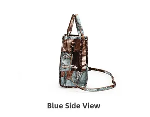 Blue side view of a vintage patchwork tote bag showing leather and denim details