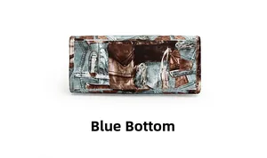 Detailed bottom view of retro denim print tote bag featuring blue fabric and brown accents