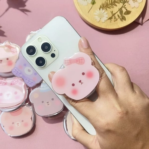 Cute cartoon bear magnetic acrylic cell phone grip stand with bow tie and heart details