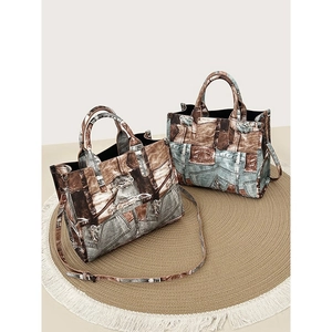 Retro denim patchwork large tote bag with adjustable shoulder strap for women