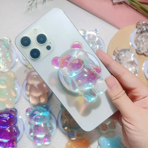3D colorful aurora bear magnetic phone grip stand with holographic prism effect