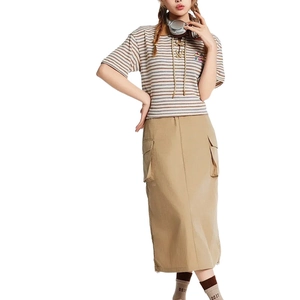 Vintage striped T-shirt and khaki cargo midi skirt set with a brown patchwork tote bag