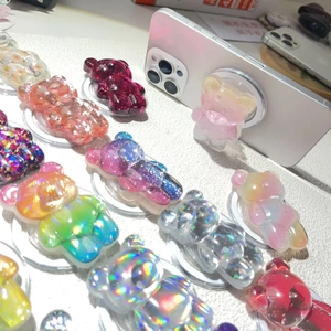 Magnetic cartoon bear phone grip pop-socket stand in various glitter gradient colors