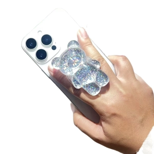 3D glitter bear Magsafe phone grip stand with silver sequins for smartphones