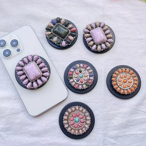 Bohemian style MagSafe phone grip set featuring vintage green agate and colorful gemstones