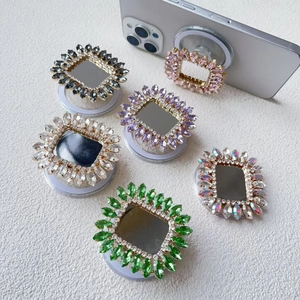 Magnetischer Strass Handy Griff Halter Mit Schminkspiegel Faltbar Zinklegierung Bling Funkelnd Desktop Halterung Damen