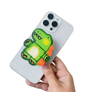 Cute green dinosaur acrylic folding magnetic phone grip holder on smartphone back