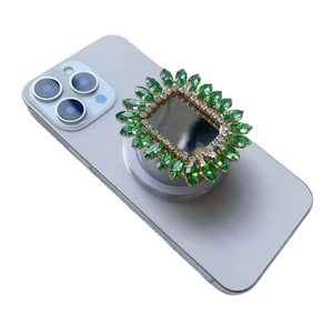 Magnetischer Handy-Grip mit smaragdgrünen Kristallen und Spiegelmitte auf Silberbasis