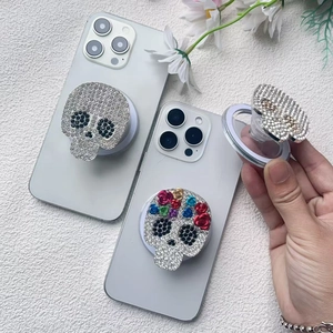 Skull magnetic pop-up phone socket holder with rhinestones and rose flower decoration