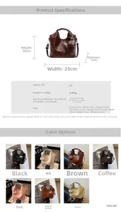 Macro detail of PU leather tote with dimensions 25x20x12cm and matching mini pouch bag