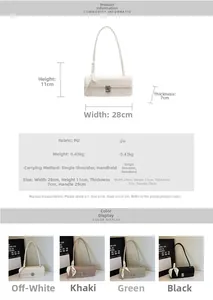 Size chart showing 28x11x7cm dimensions for the minimalist PU leather shoulder bag