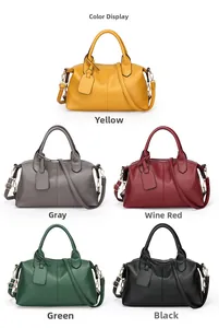 Detail view of five color options for the leather Boston bag with textured finish