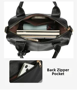 Detail view of large capacity tote bag with multi-layer interior and rear zipper pocket