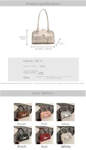 Detailed view of six colors of high-capacity PU leather pillow bags with size specifications