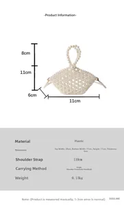 Detail view of handmade pearl handbag showing size 20x11x11cm and 110cm shoulder strap