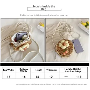 Detailed size chart for a small floral woven crossbody bag with pearl strap