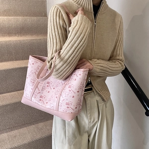 Pink large capacity tote bag with cute cartoon prints for women, stylish casual shoulder bag
