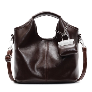 Women Glossy PU Leather Handbag With Mini Decorative Pouch Pendant Retro Large Capacity Crossbody Shoulder Bag